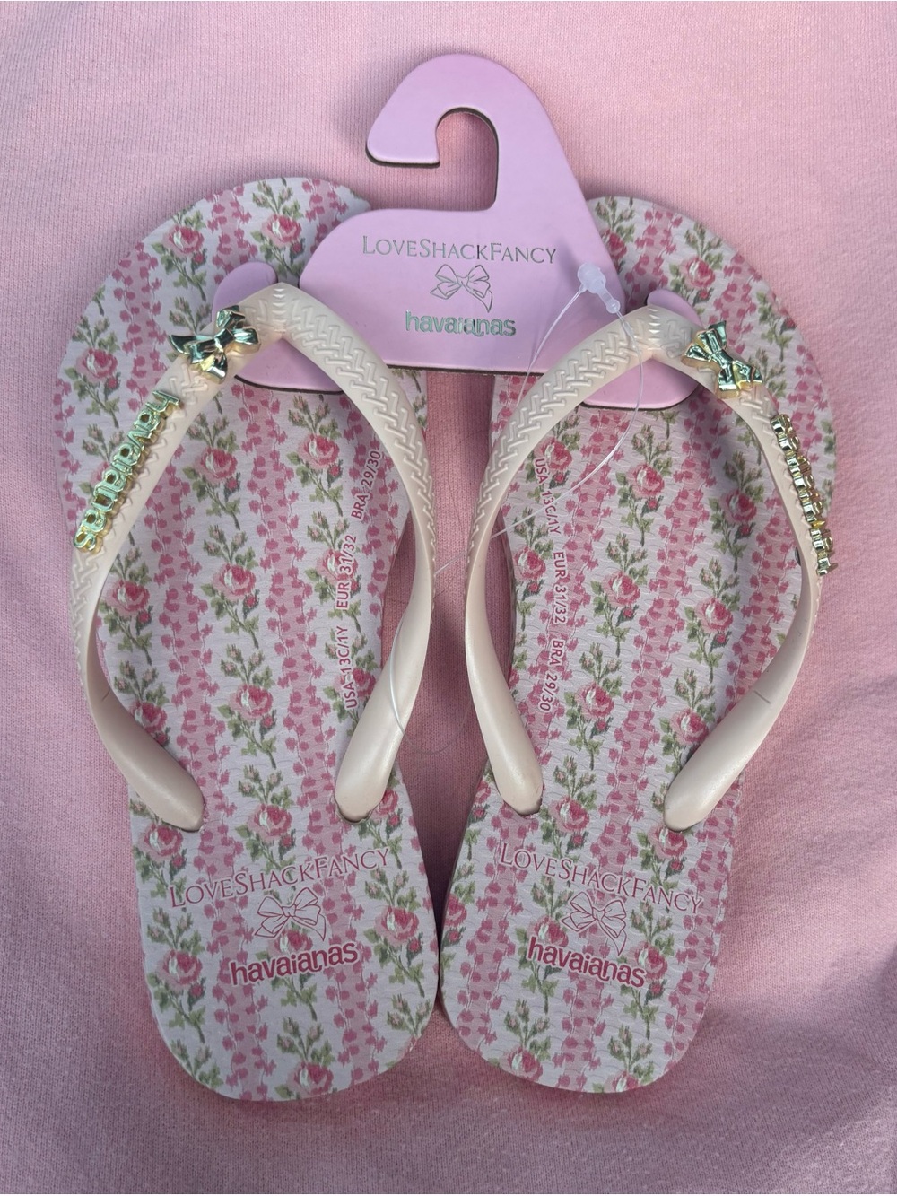 NWT Love Shack Fancy Girls Havaianas pink Floral Flip Flops Size 2y
